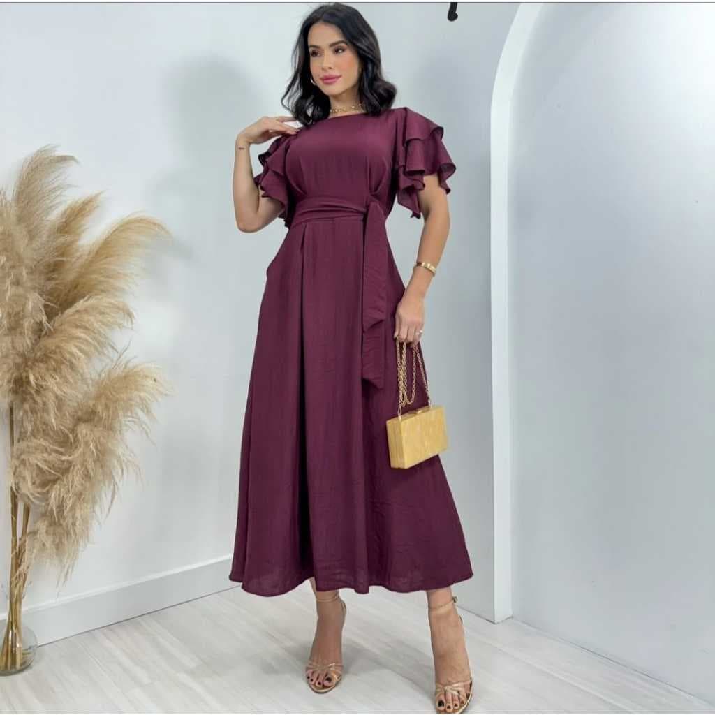 Vestido Longo Feminino Manga Babado Tamanho Único 38 ao 42 – Várias Cores – Elegante e Confortável