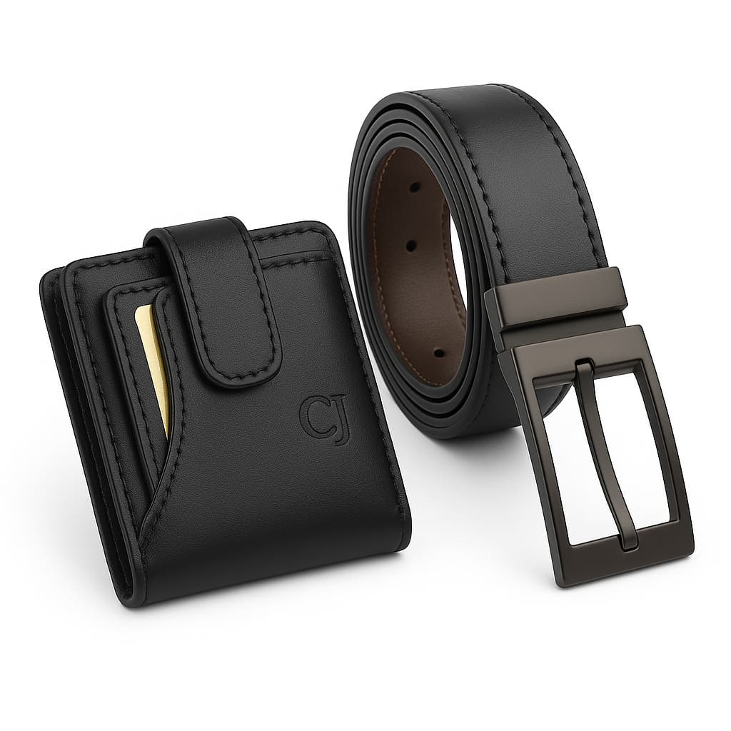 Kit Carteira Masculina Couro  + Cinto Dupla Face 2 Em1 Preto e Marrom  com Fivela Giratória