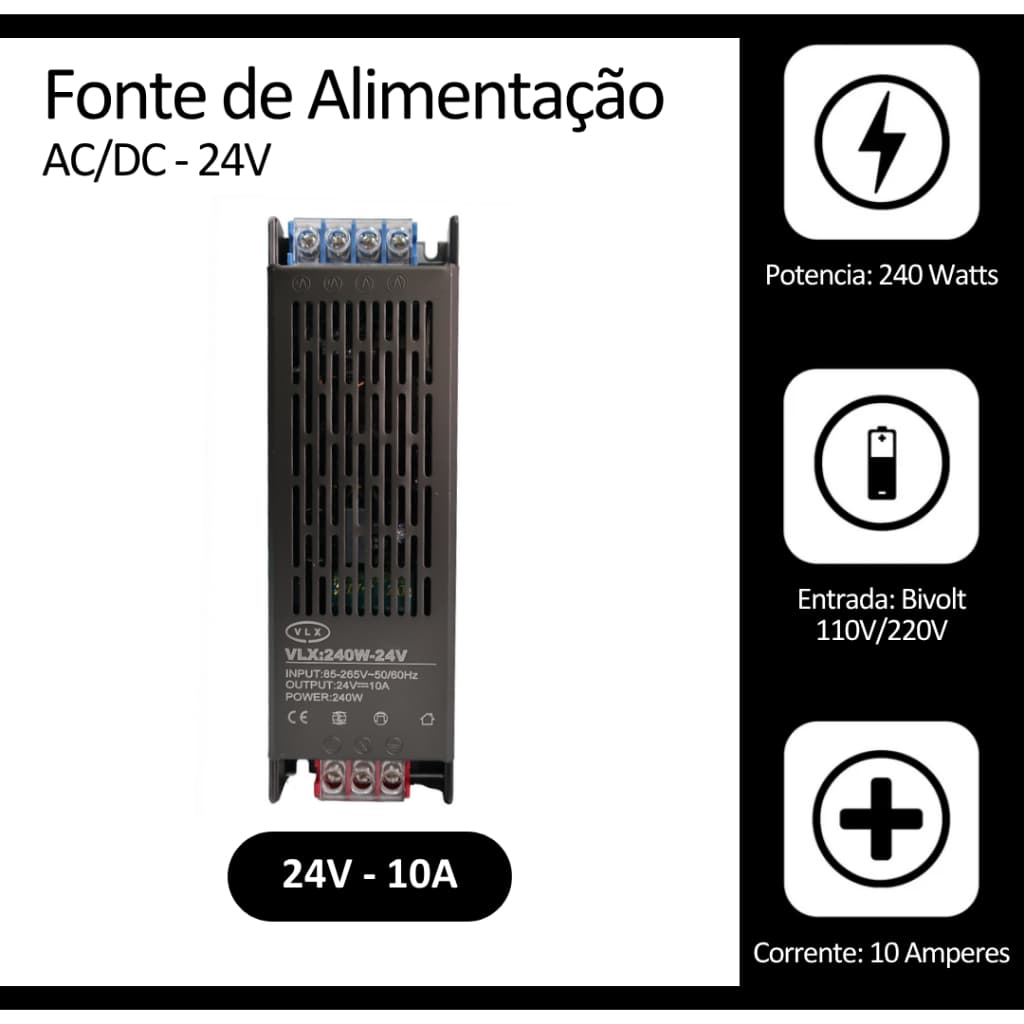 Fonte Chaveada Slim 24 Volts 10A 240W Bivolt 110V-220V Para Iluminação Fita LED