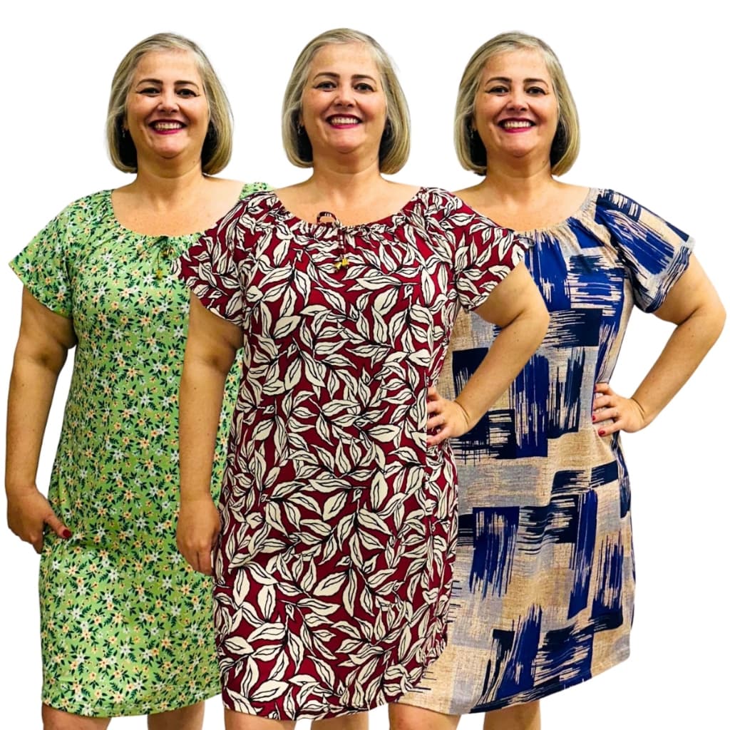 Kit 3 Vestidos Estampados Plus Size Moda Ombro A Ombro