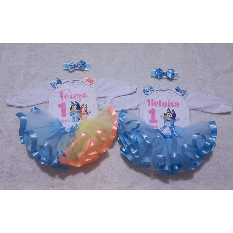 Fantasia Infantil RN Ate 4 Anos Tema Bluey Body Personalizado Saia de Tutu e Laço de Cabelo