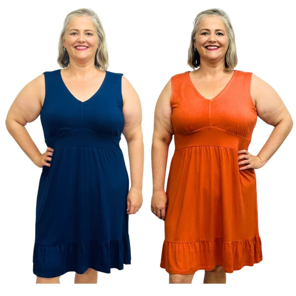 Kit 2 Vestidos Plus Size Midi Lisos Gola V Soltinho Confortável Dia A Dia