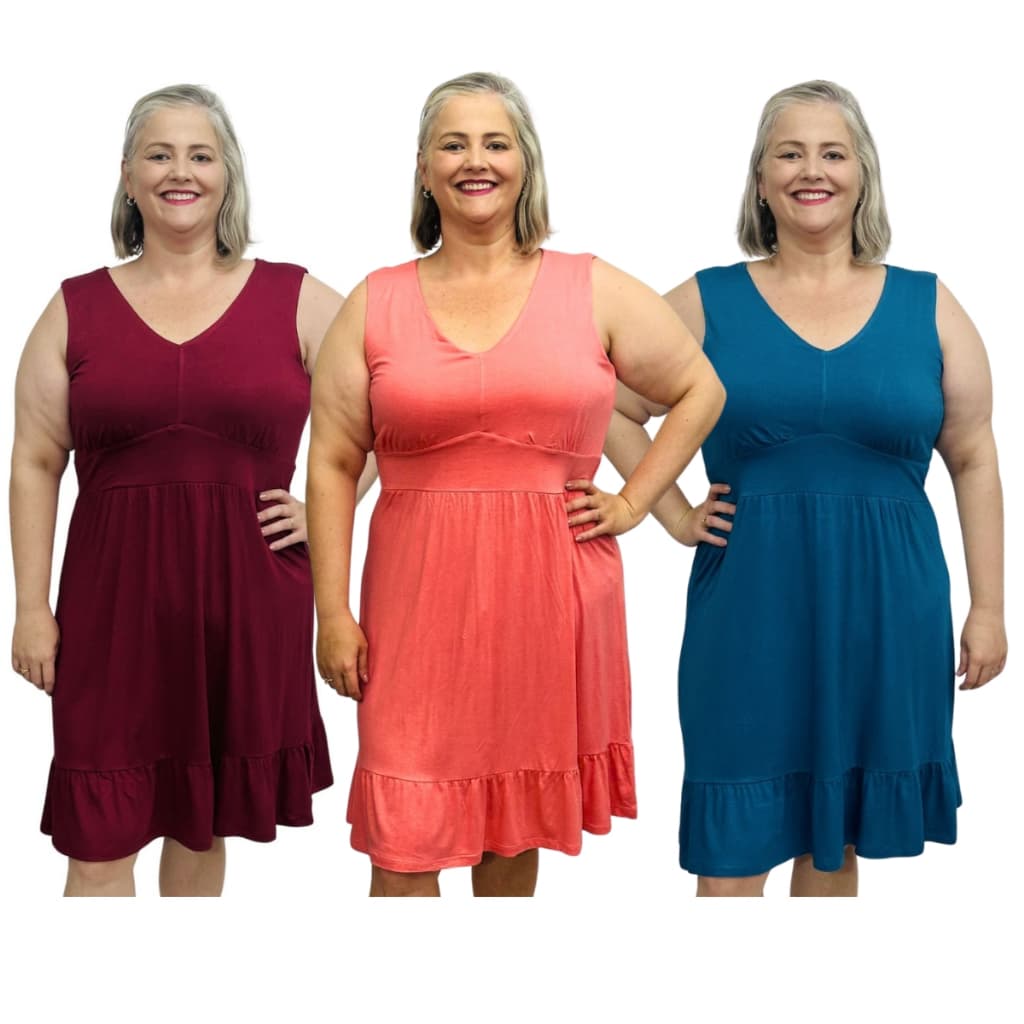 Kit 3 Vestidos Midi Regata Plus Size Gola V Senhora Verão Básico