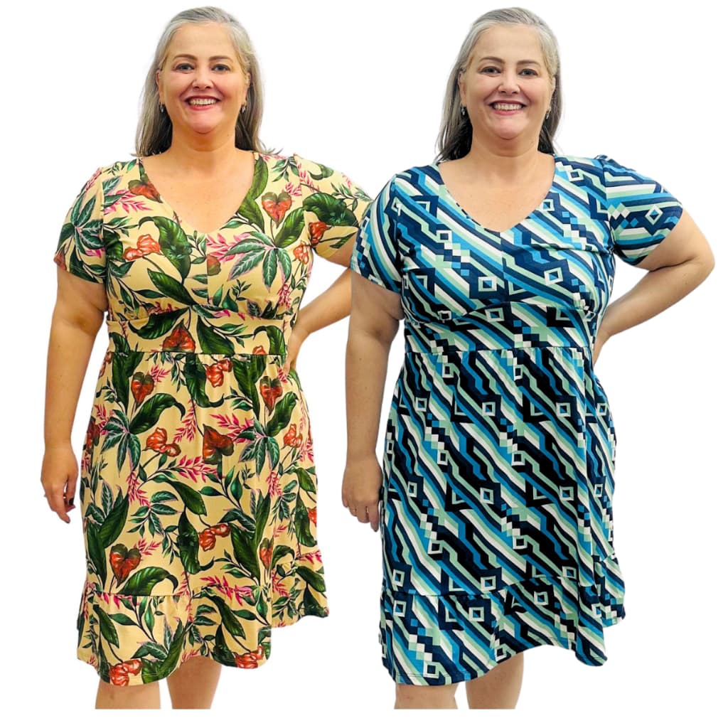 Kit 2 Vestidos Estampados Moda Plus Size Manga Curta Midi Gola V Frente Dupla