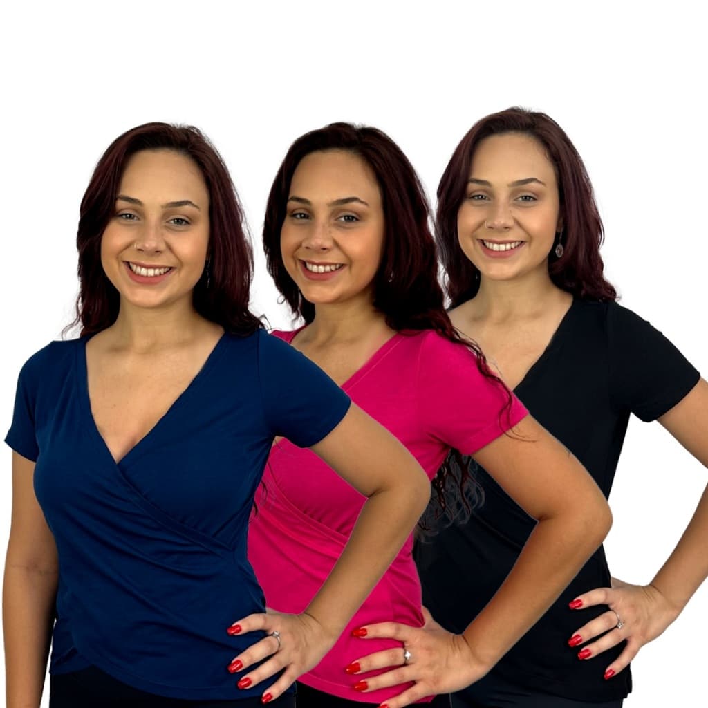 Kit 3 Blusas Feminina Frente Transpassada Manga Curta Lisa
