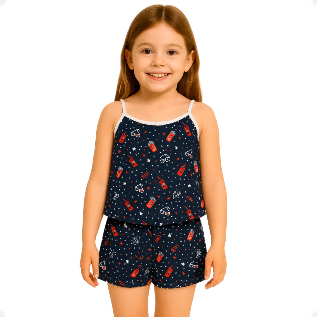 Kit 1, 2 ou 3 Pijamas BabyDoll Feminino Infantil Menina Estampas Variadas Juvenil Regata Shortinho Curto Confortável