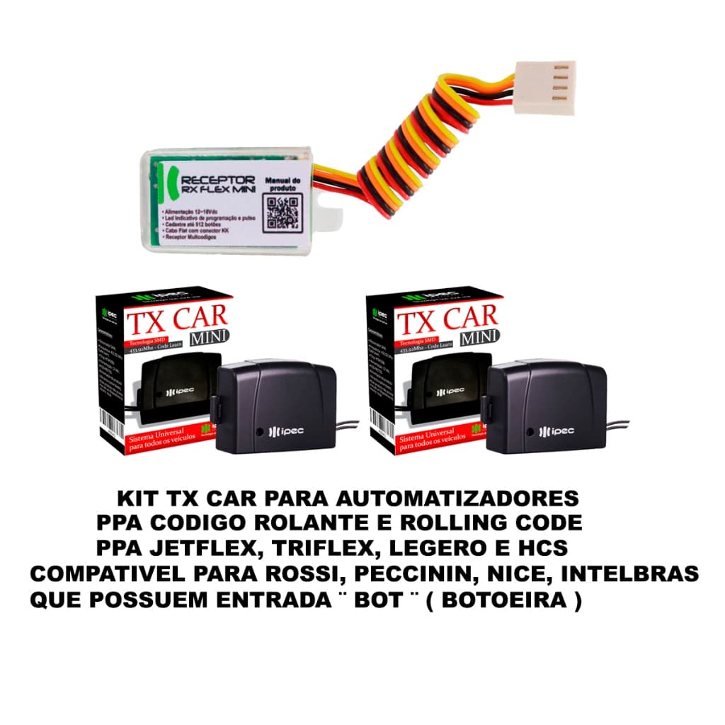 Kit Receptor Auxiliar + 2 Tx Car Mini 12/24V Ipec Para Centrais PPA Jetflex Triflex e Legero Codigo Rolante