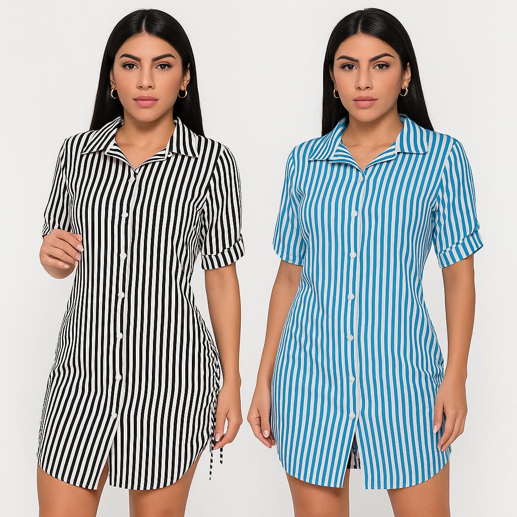 Kit 2 Vestidos Chamise Social Feminino em Tecido Crepe Listrado – Estilo Casual e Sofisticado