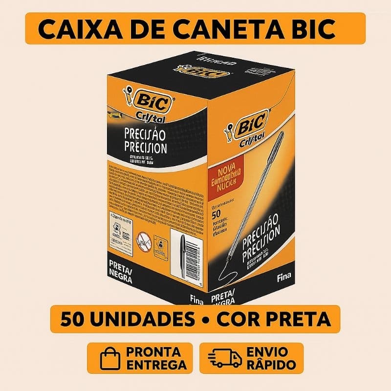 Caixa 50 Caneta BIC Cristal Preta 1.0mm - Escrita Confortável - Escolar - Escritório - Papelaria