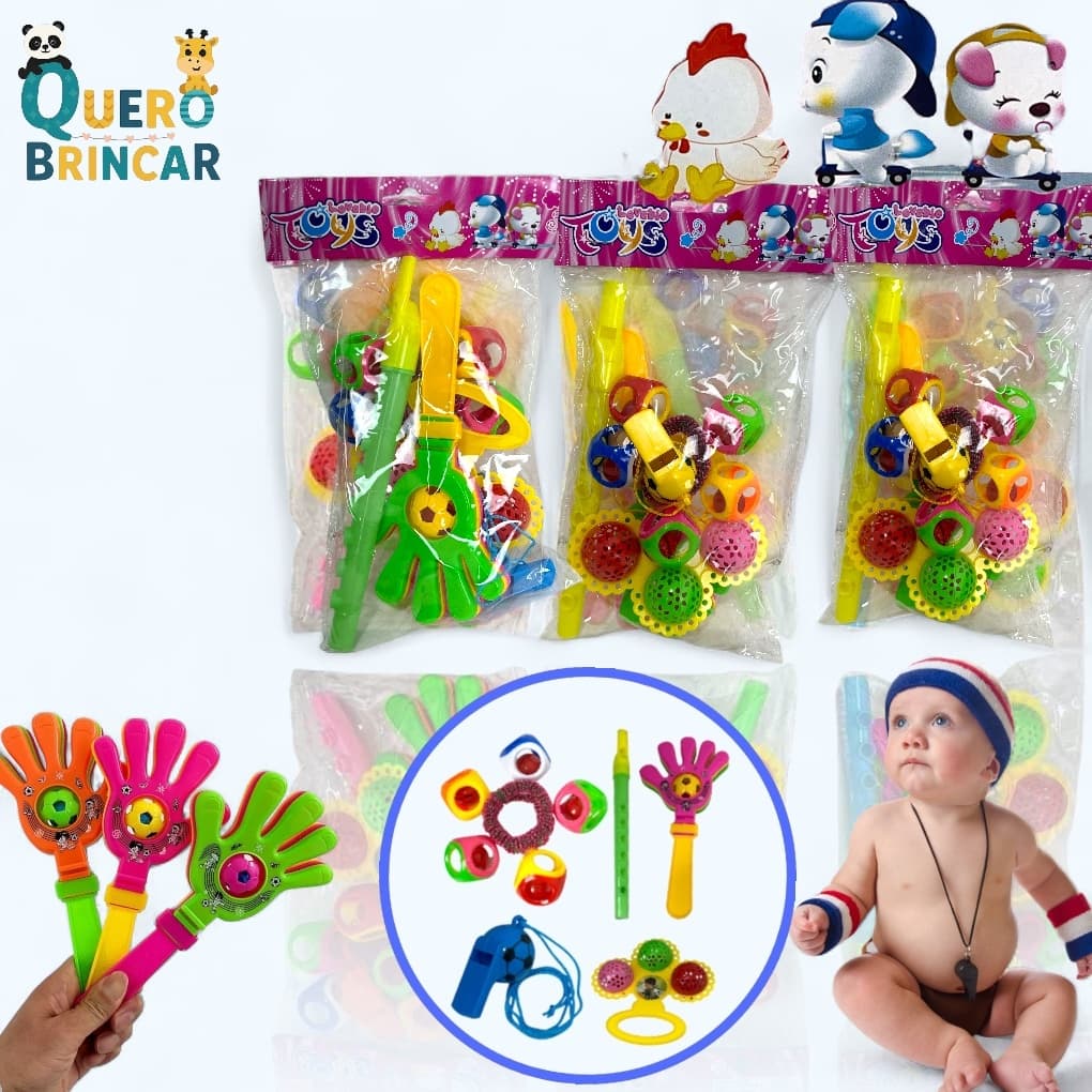 Kit Brinquedos Infantis Sortidos com Apito e Mãozinha Bate-Bate | Festa e Lembrancinha