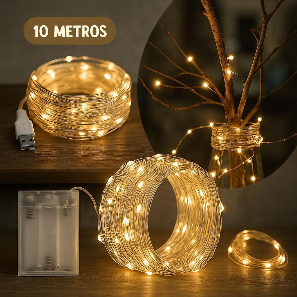Fio de Luzes Led Fada 10 metros 100 Leds USB - Pilha Cobre Prata cordão Luz decoracao natal ano novo