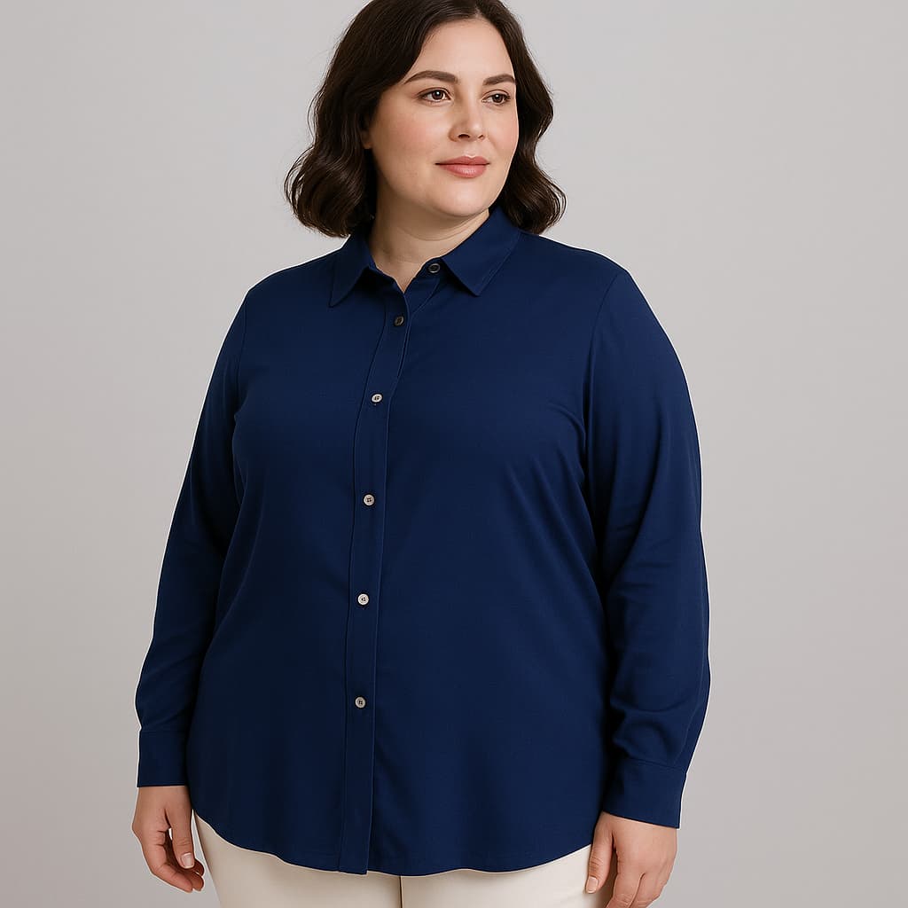Camisa Social Plus Size feminina tamanho grande do G1 ao G6 Manga Longa vista dupla em Viscose com elastano Azul MARINHO