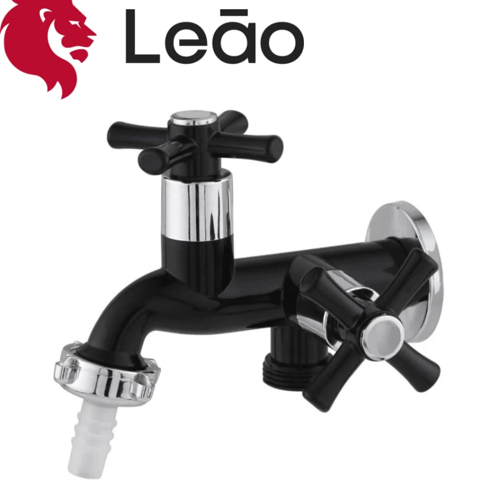 Torneira Para Tanque/Máquina 1/4 De Volta 1028 Preta 2 Saídas com Bico e Capacetes Cromados Leão