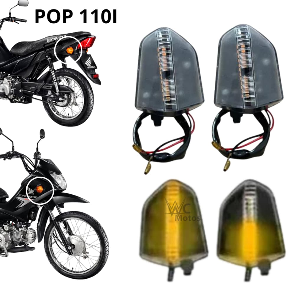 KIT SETA PISCA POP 110I 2016 DE LED SEQUENCIAL AMBAR EM DIANTE 4 PEÇAS LENTE CRISTAL 1 CX3