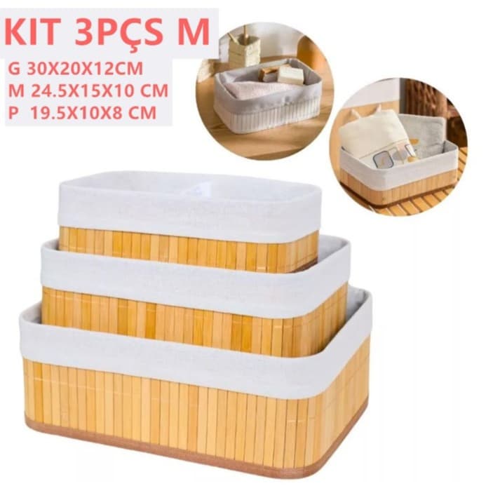 Kit 3 Cestos Organizadores de Bambu Multiuso com Forro
