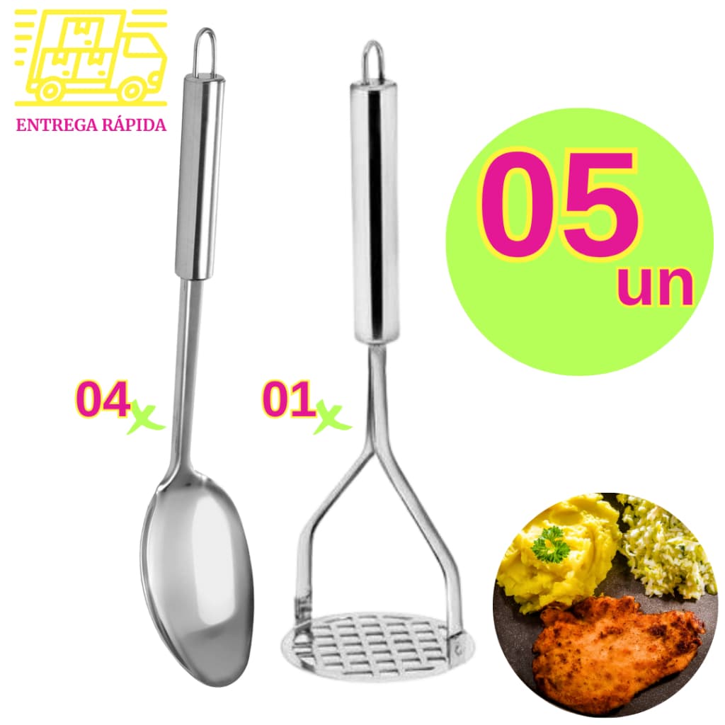 Kit  4 Colheres de Arroz e 1 Amassador de Batata Aço Inox Alta Qualidade Resistente Cozinha Casa