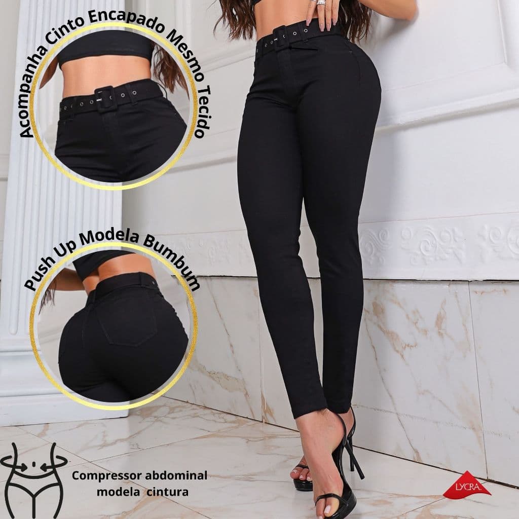 Calça Preta Jeans Feminina Modeladora Com Lycra E Cinto Incluso