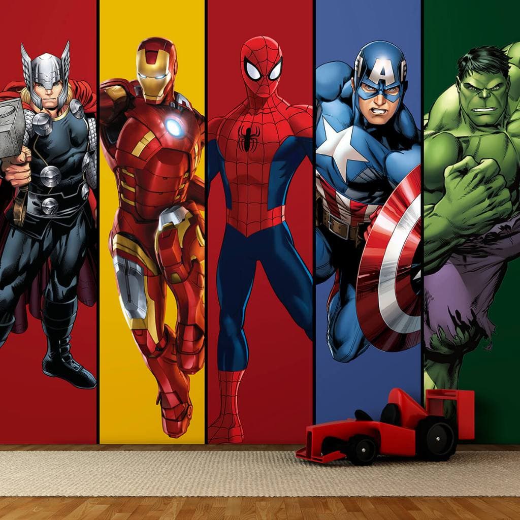 Papel de Parede Marvel Super Heróis – Thor, Homem de Ferro, Homem-Aranha, Capitão América e Hulk