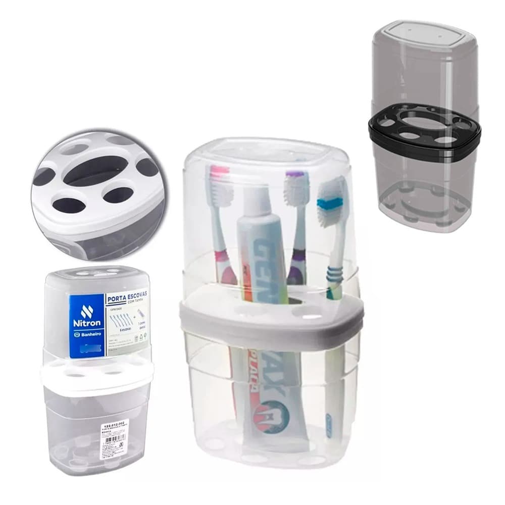 Porta Escova de Dente com Tampa Nitron – Para 6 Escovas + Creme Dental | BPA Free