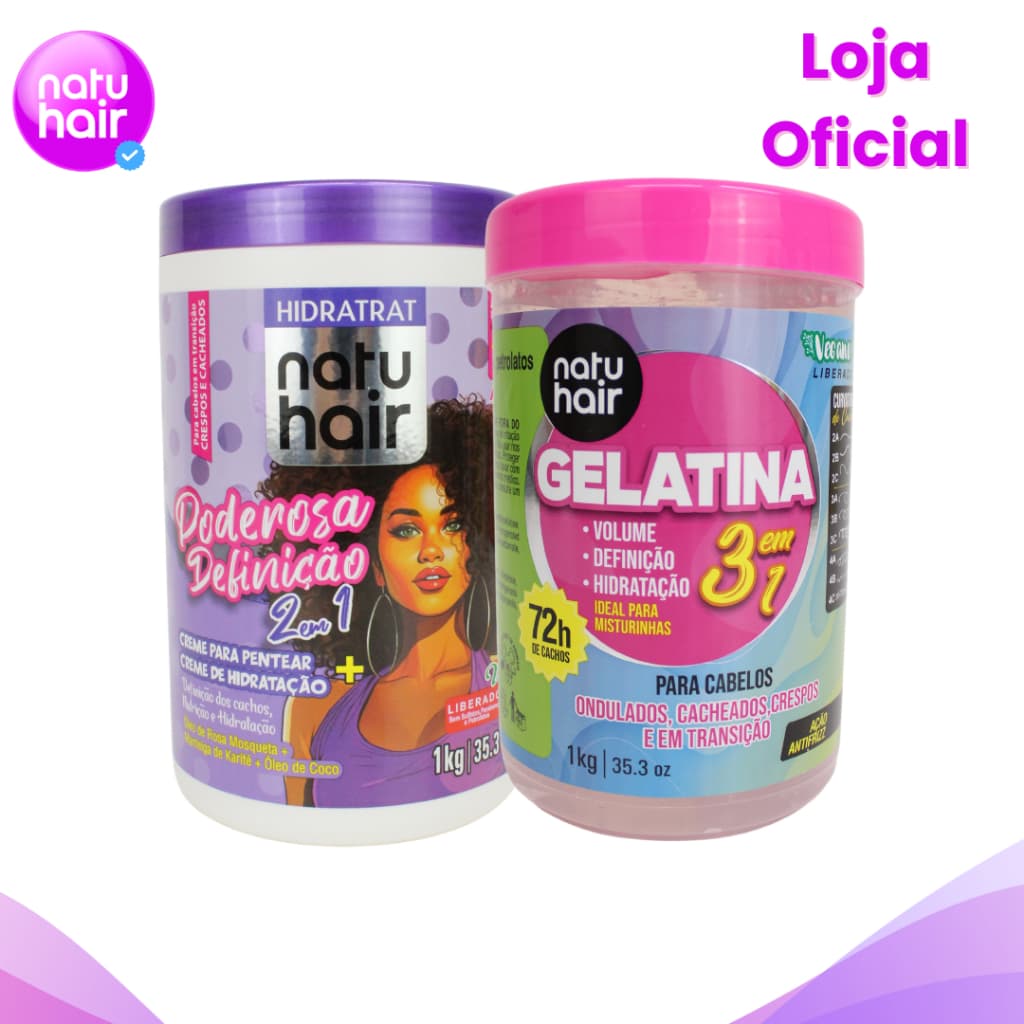 Kit Creme para Pentear Poderosa Definição + Gelatina modeladora de cachos 3 em 1 Natuhair 1 KG
