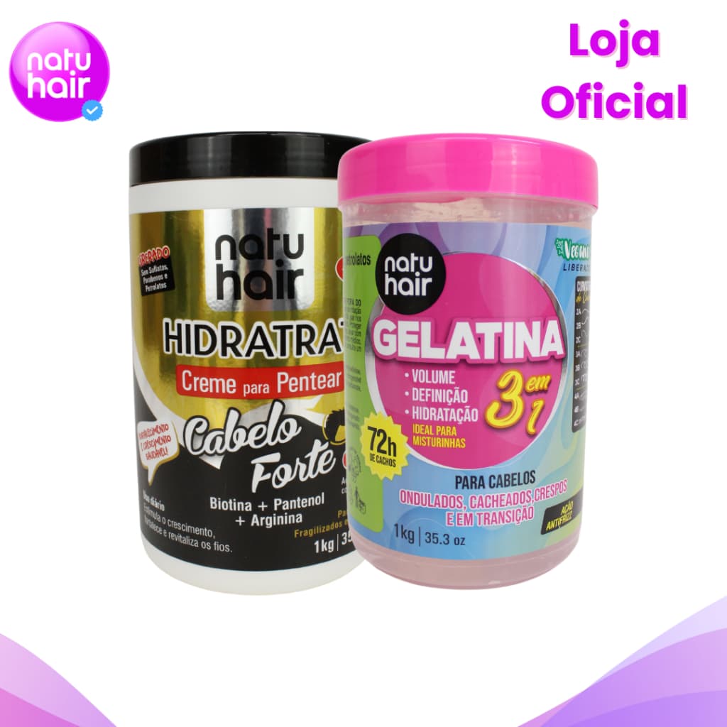 Kit Creme para Pentear Cabelo Forte + Gelatina modeladora de cachos 3 em 1 Natuhair 1 KG
