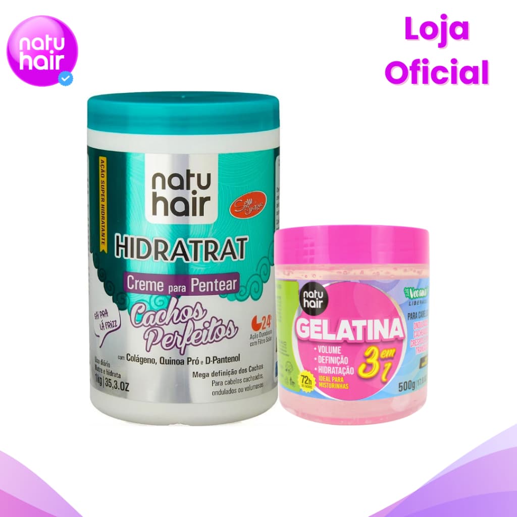 Kit Creme para Pentear Cachos Perfeitos 1kg +  Gelatina 3 em 1 Modeladora de Cachos Natuhair 500g