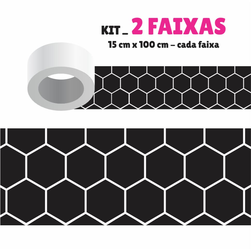 Faixa Decorativa - Kit com 2 Faixas Papel de Parede Border Faixa Adesiva Decoração - HEXAGONO G012 Preto e branco