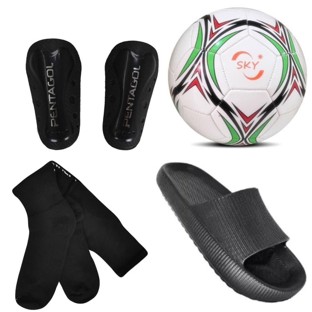 kit caneleira futebol infantil+meião+bola e chinelo