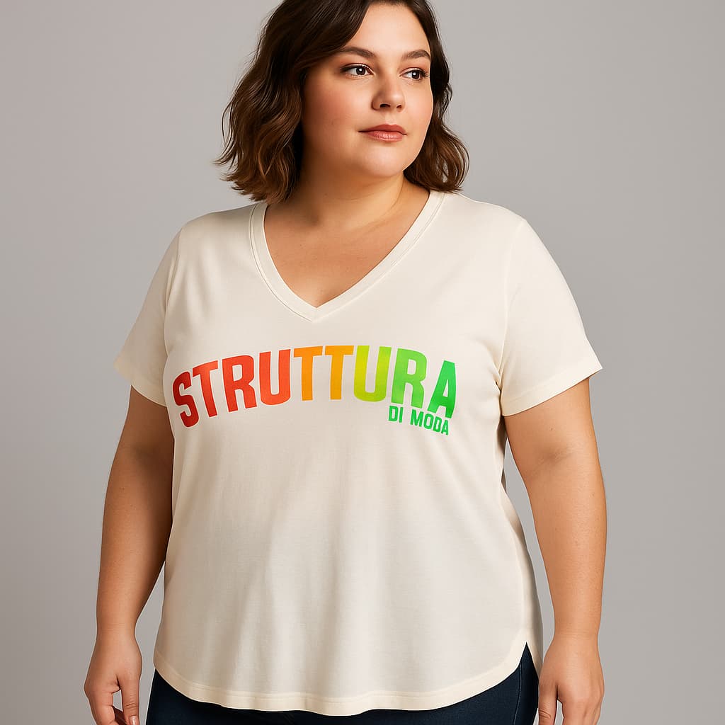 Camiseta T-shirt Plus Size feminina malha viscose manga curta alongada com Estampa localizada tamanhos 46 ao 50 academia