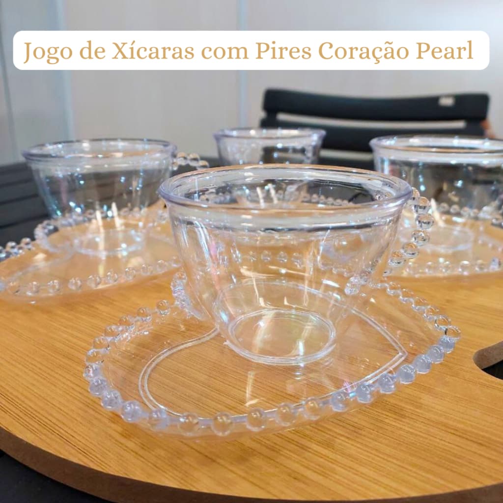 JOGO DE XÍCARAS E PIRES 80 PEÇAS PEARL 40 XÍCARAS 150ML E 40 PIRES MODELO CORAÇÃO ACRÍLICO CRISTAL