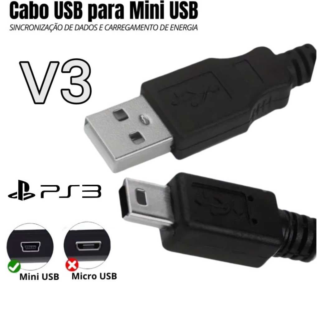Cabo USB x V3 - USB A Macho p/ Mini USB 5 Pinos 1,8m p/ Carregar Controle do PS3 - Storm Tech