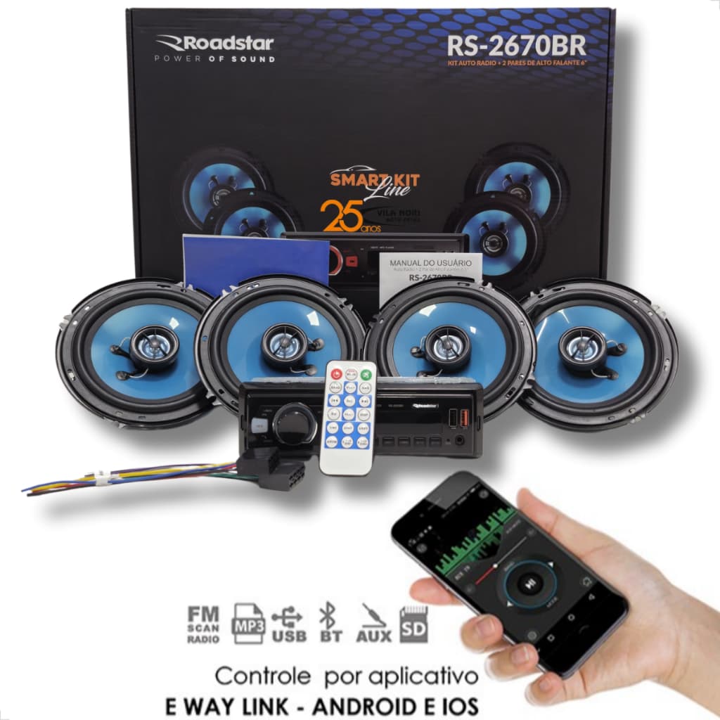 Kit Rádio Carro Roadstar C/ Bluetooth USB/SD 4 x 48w + Par Alto Falante 6.5" Coaxial 50w RMS
