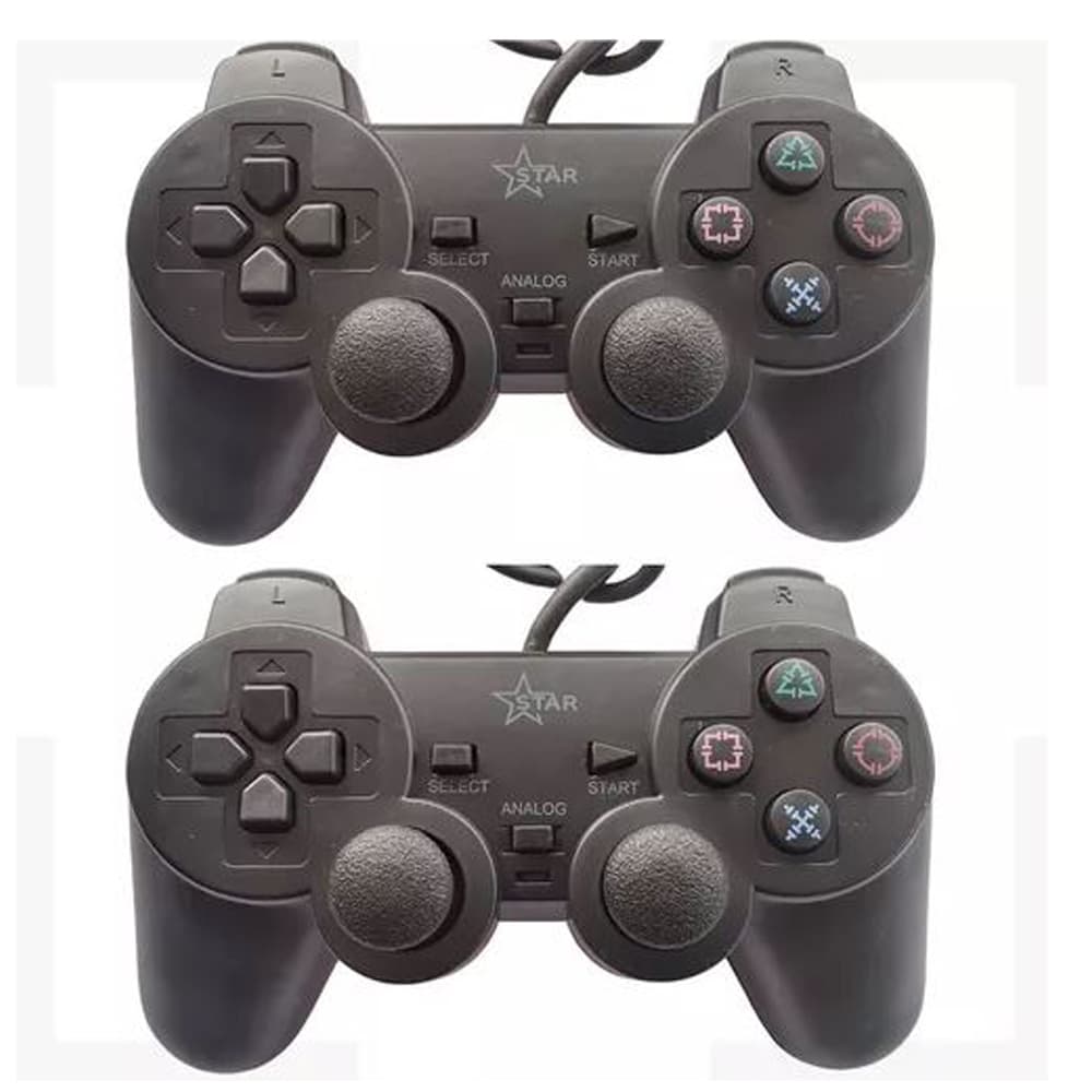 Kit 2 Controles Play 2 com Fio Analógico Dualshock Joystick