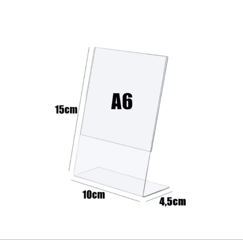 Kit 20 Display Acrílico A6 em L Porta Folheto Aviso Cardápio 15x10cm Suporte de Mesa Transparente Vertical Personalizado