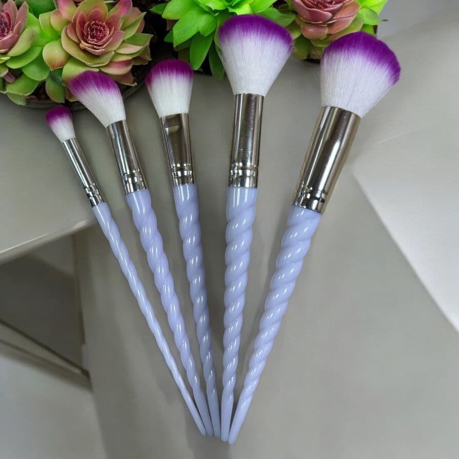Kit Pincéis De Maquiagem Unicornio Espiral Branco Roxo 5 PÇS Para Blush, Pó Facial, Sombras E Sombrancelhas
