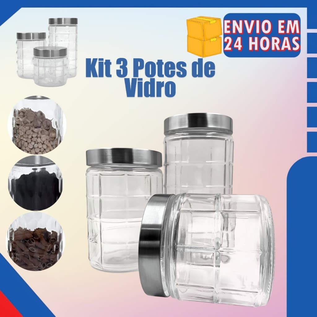 kit 3 Potes em Vidro Hermético Com Tampa - Inox Conjunto 3 Porta Condimentos
