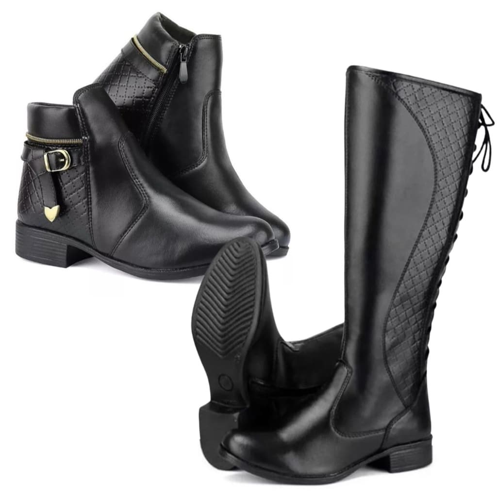 2 Pares Bota Coturno Feminina Cano Baixo e Bota Montaria Ajuste Panturrilha Grossa Cano Alto Moda Confort