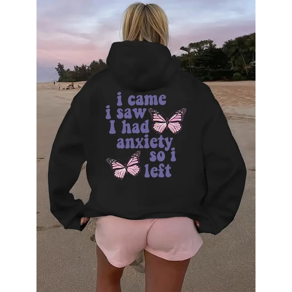 Moletom com Capuz Unisex “i came i saw I had anxiety left” com Estampa Gráfica – Moletom Casual Preto de Poliéster com L