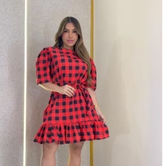Vestido feminino gola alta manga bufante acompanhando cinto 265