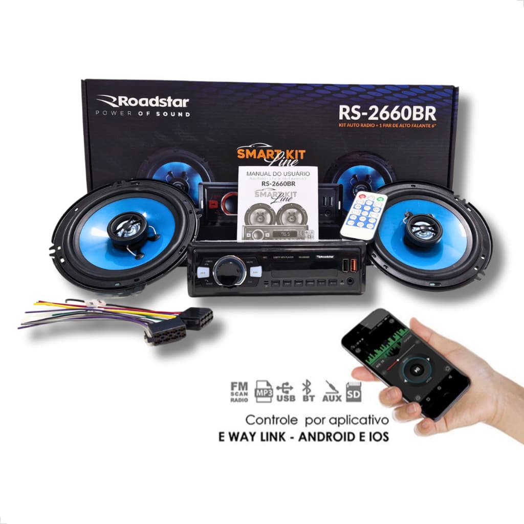 Roadstar Kit Auto Radio + 1 par de Alto Falante 6" 50w RMS Som Automotivo 4 Canais de 48watts