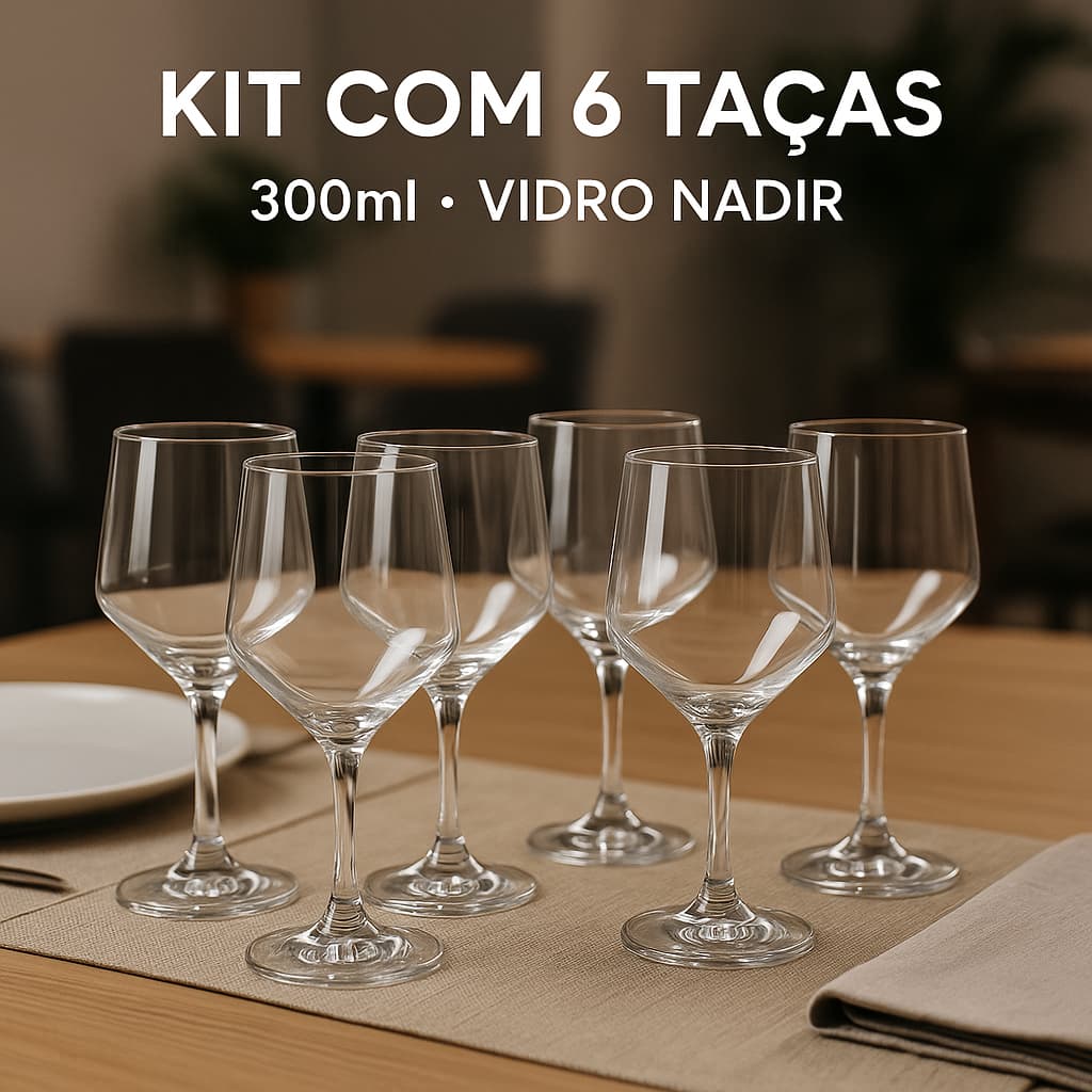 🥂 Kit com 6 Taças de Vidro Nadir 300ml – Para Vinho, Água ou Sucos