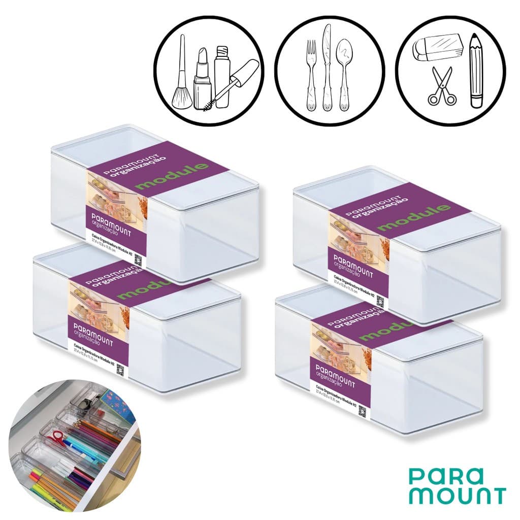 Conjunto Kit Caixa Organizadora Gavetas Modulável Empilhável Paramount Acrílico Com Tampa
