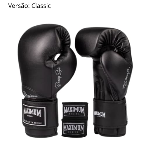 Kit Par de Luva Muay Thai Box + Par Acessório Artes Marciais Bandagens Black - Maximum
