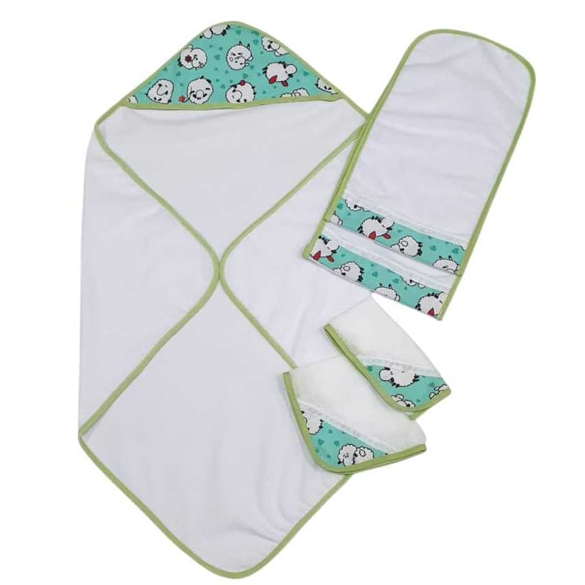 Toalha de Banho Bebê + 2 Toalhas de Ombro + 2 Fralda de Boca para Bebê 100% Algodão Estampada