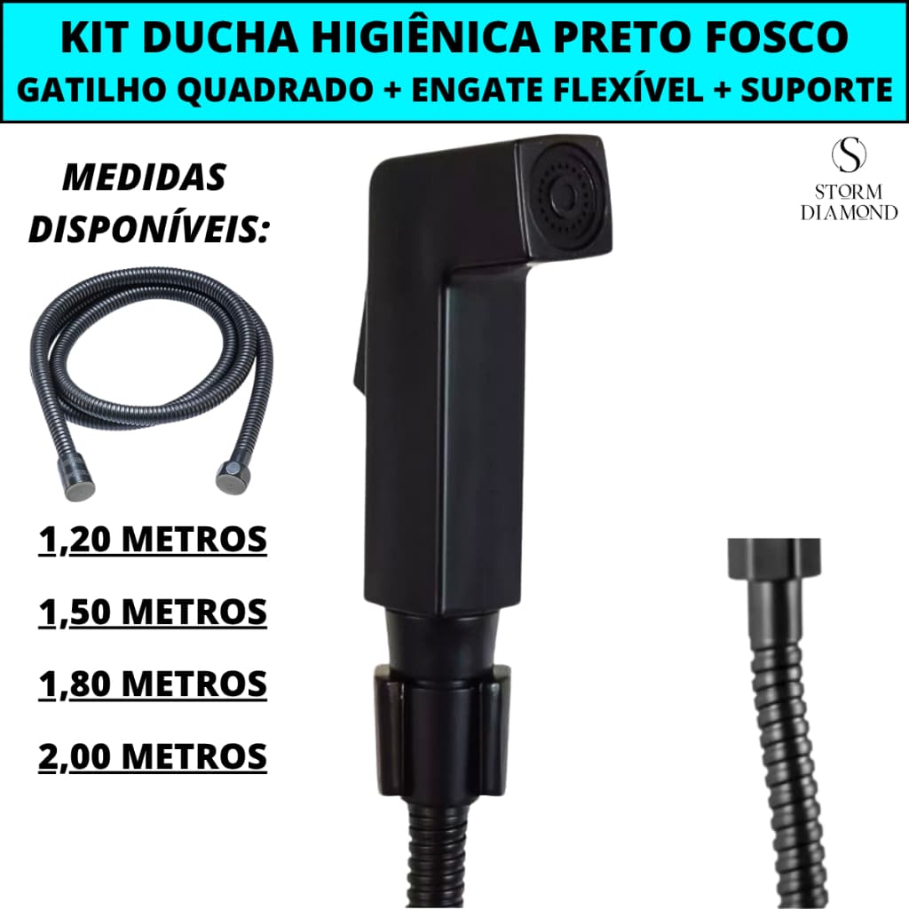 Kit Ducha Higiênica Preto Fosco Gatilho Luxo Quadrado + Engate Flexível Aço Inox + Suporte De Parede