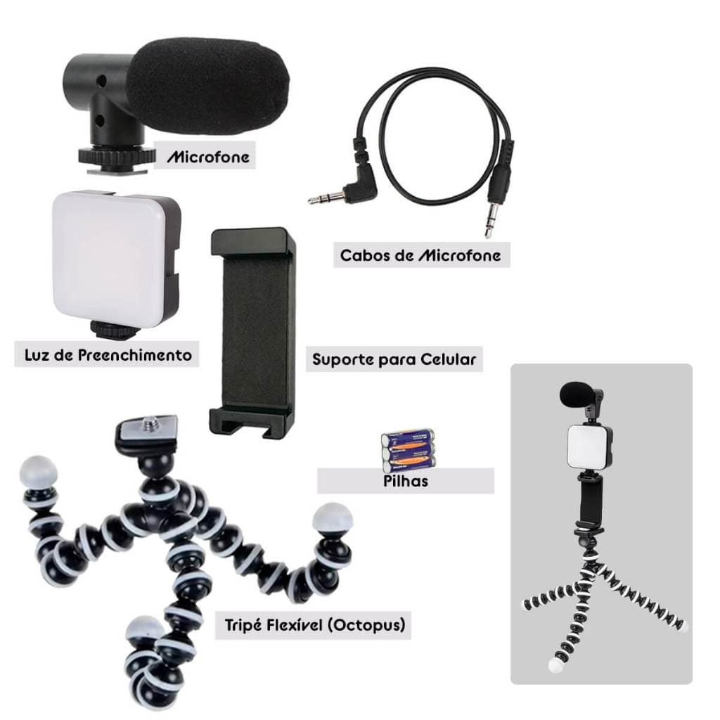 KIT Gravação Youtuber Live Microfone Tripé Suporte Universal