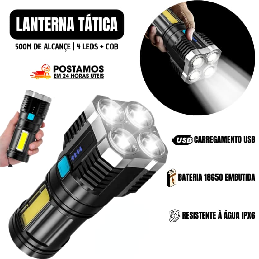 Lanterna Recarregável 4 LED Super Potente Brilhante Mais Ultra Forte do Mundo Longo Alcance Portátil