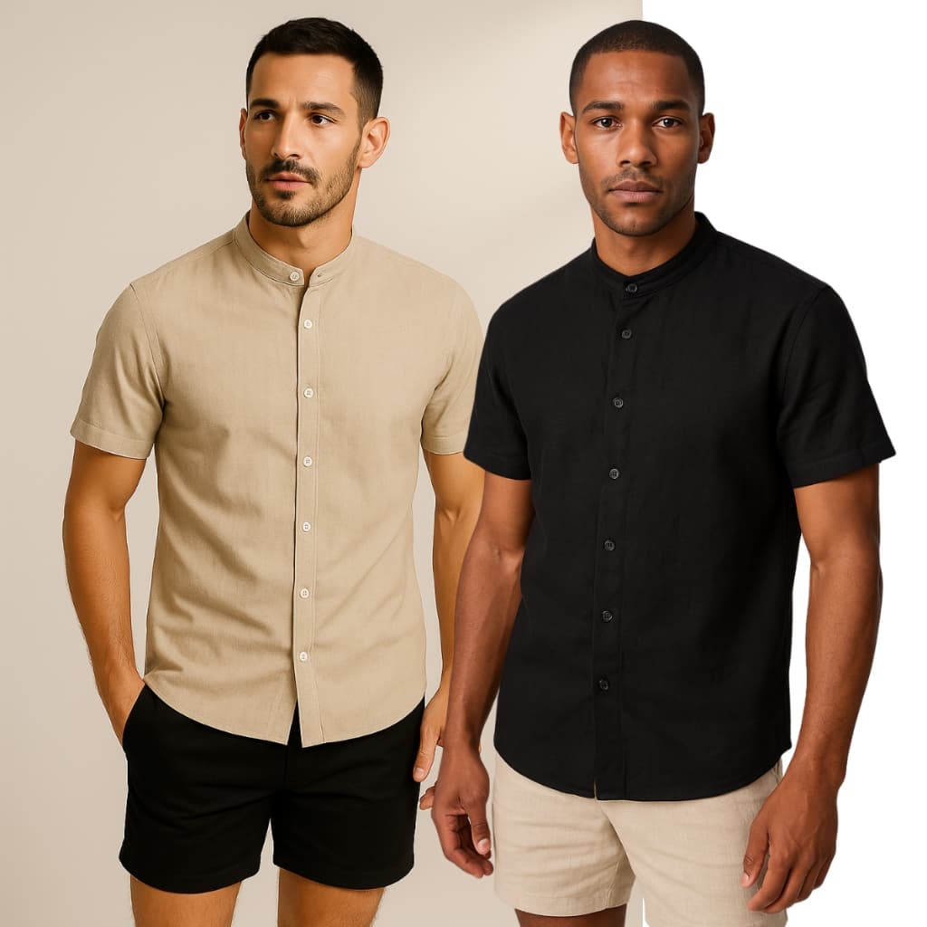 Kit 2 Camisa Masculina Social Manga Curta Gola Padre Linho Verão