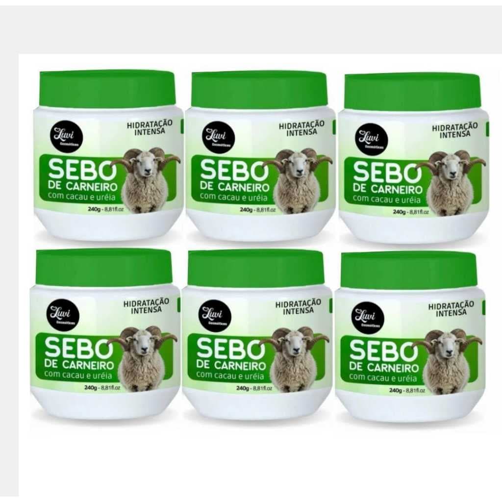 Kit com 6 unidades de Creme Hidratante Sebo de Carneiro com Cacau e uréia 240g Luvi