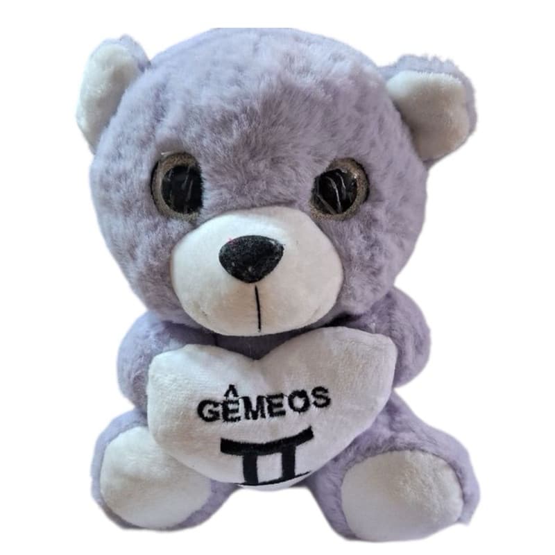Urso de pelúcia lilás representando o signo de Gêmeos com design exclusivo BR Machine